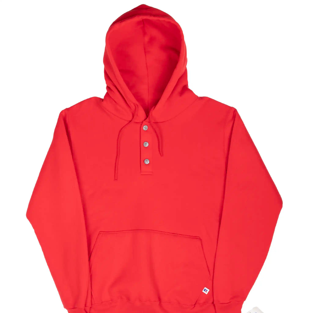 VINTAGE RUSSELL RED HENLEY BLANK HOODIE SWEATSHIRT 1990S MEDIUM USA DEADSTOCK