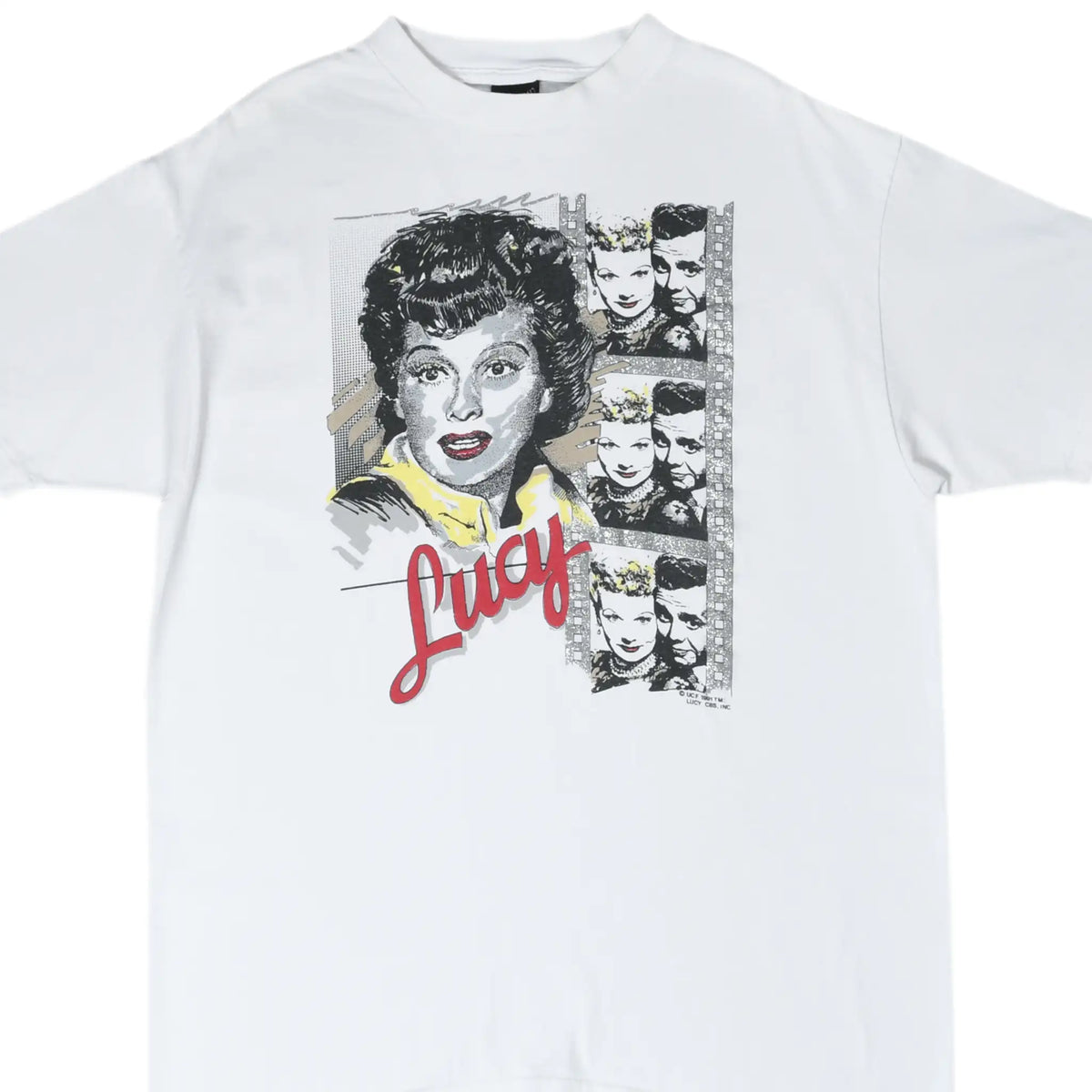 Front of white I Love Lucy T-shirt with Lucille Ball and Lucy and Desi filmstrip graphic