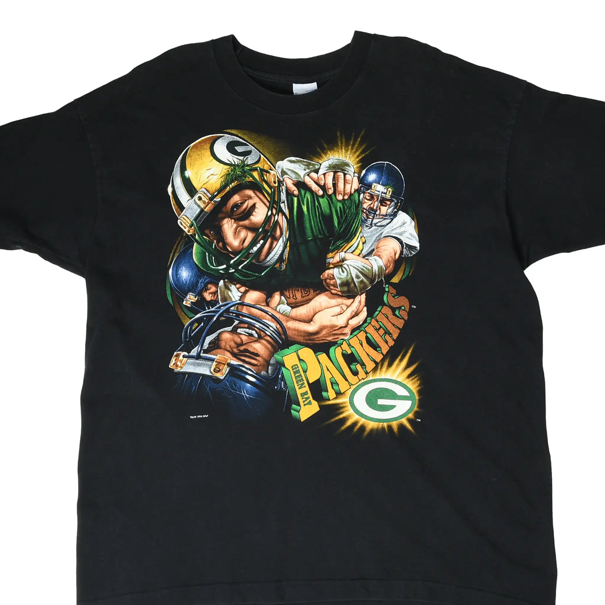 Front of black Green Bay Packers T-shirt with illustrated football action graphic