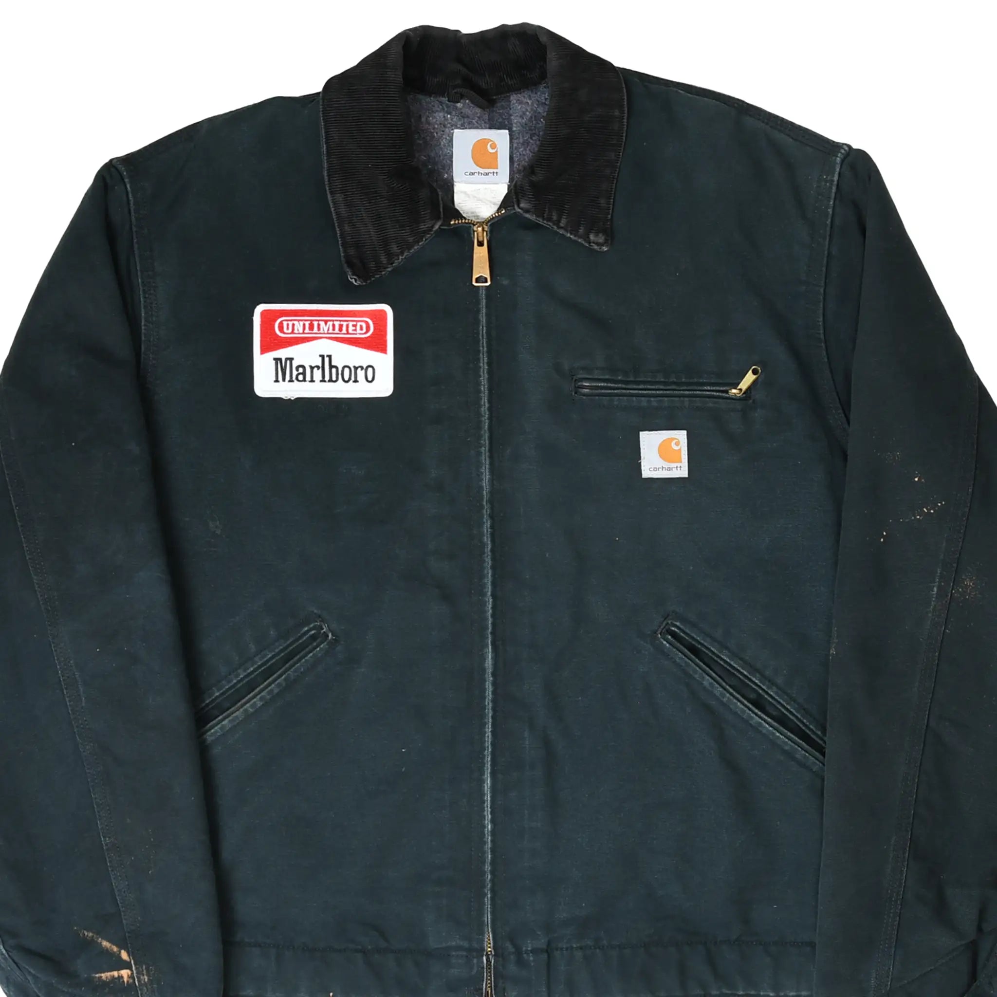 Front of black Carhartt Detroit jacket with Marlboro patch, corduroy collar, and zip pockets