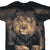 Front of black T-shirt with large brown lion face and paws all-over print