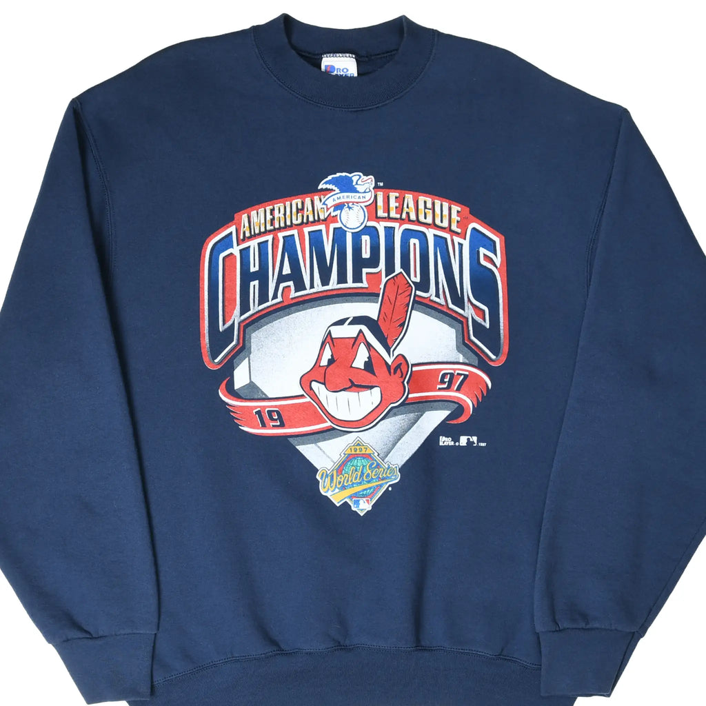 Front of navy Cleveland Indians 1997 American League Champions sweatshirt with World Series graphic