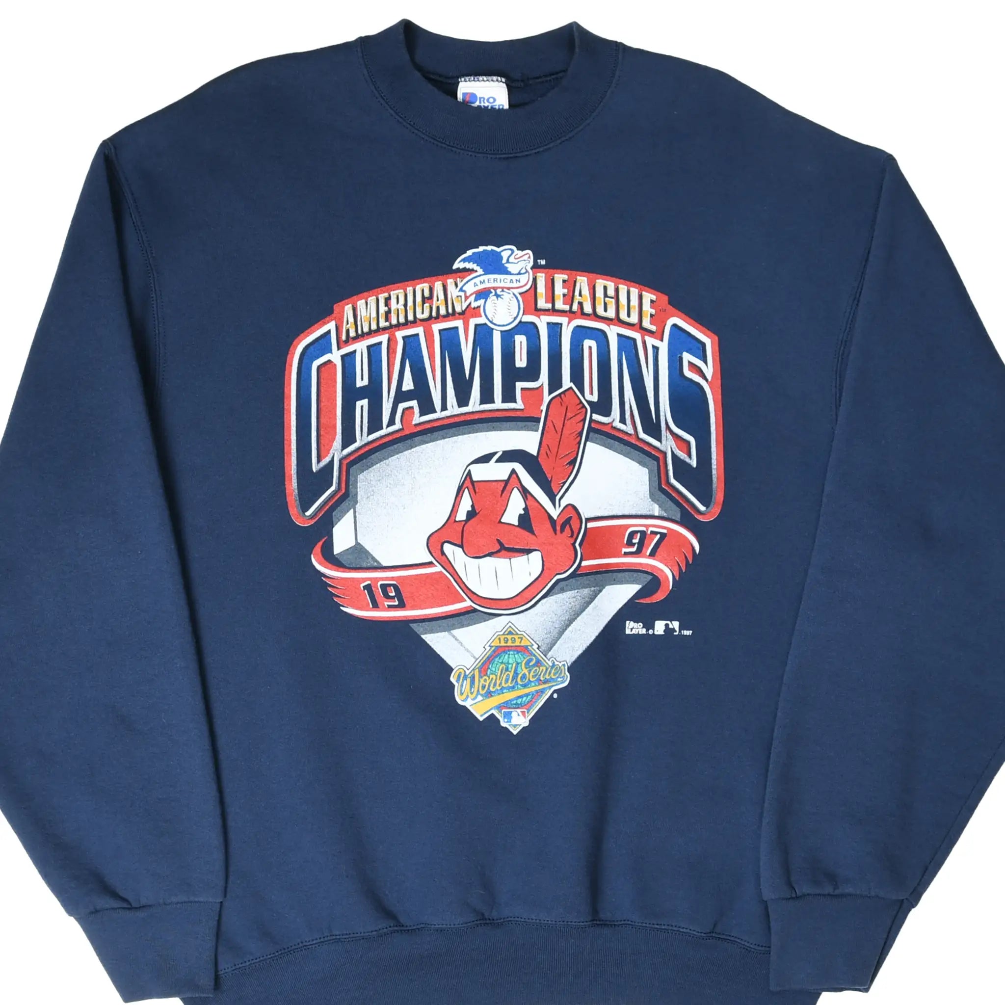 Front of navy Cleveland Indians 1997 American League Champions sweatshirt with World Series graphic
