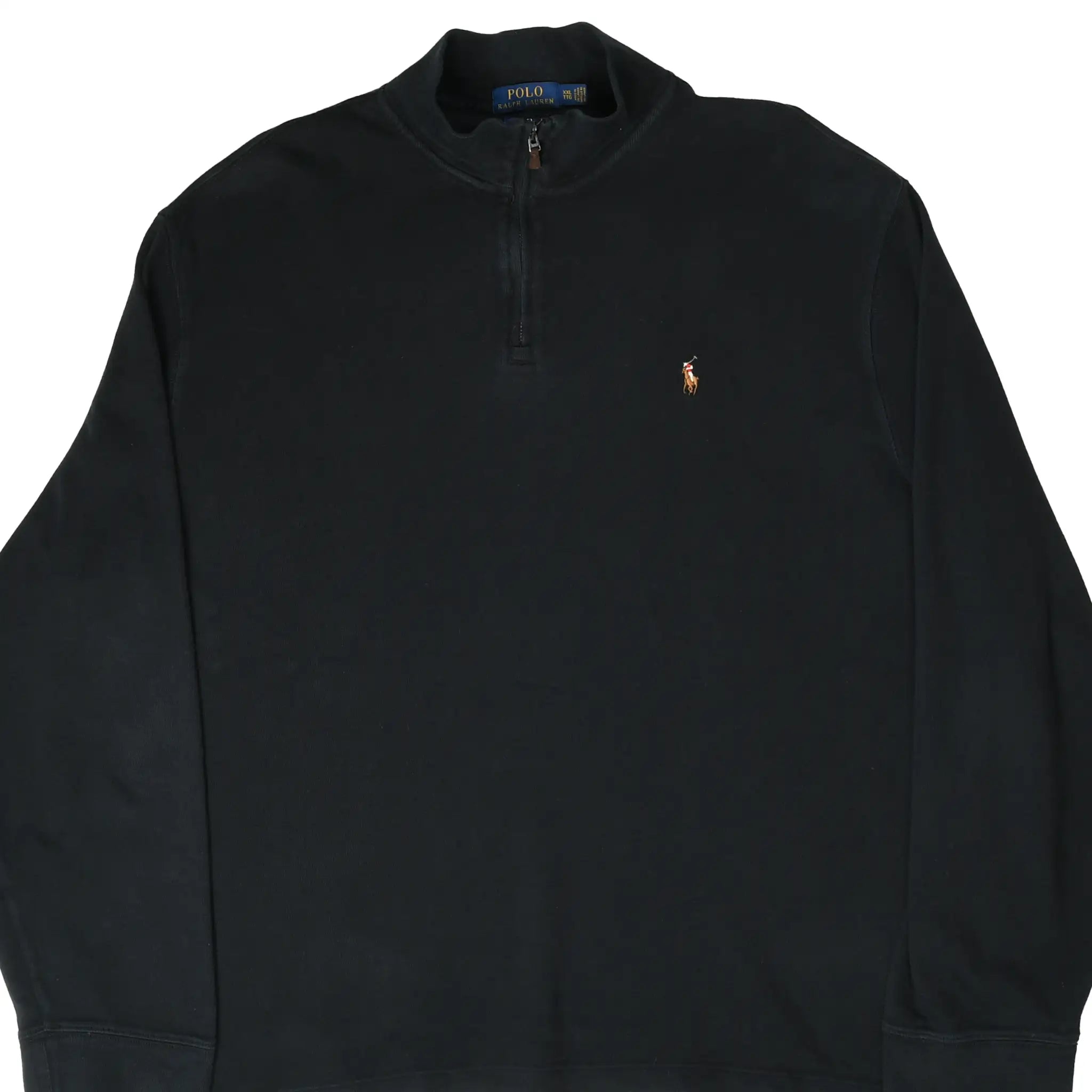 Front upper view of black Polo Ralph Lauren quarter-zip sweater with embroidered pony logo