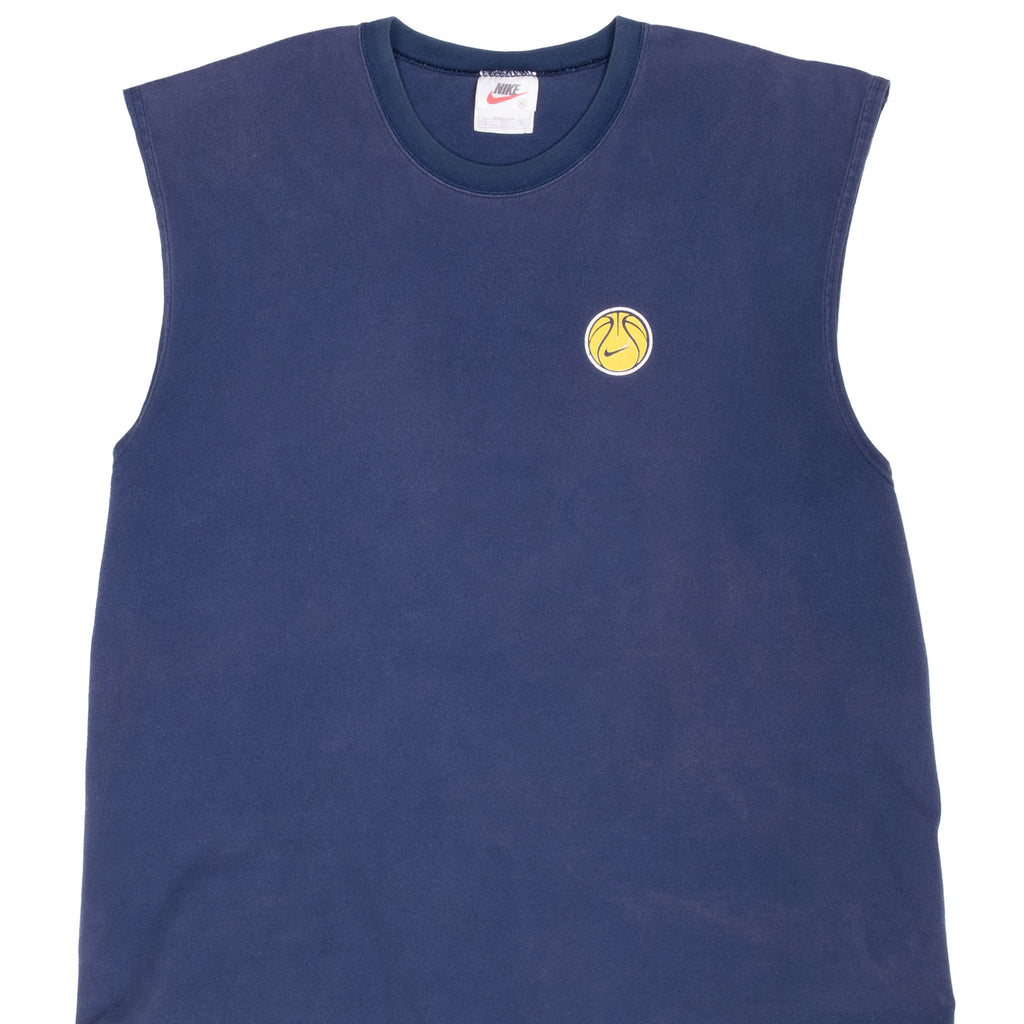 Front upper view of navy Nike sleeveless shirt with yellow basketball Swoosh graphic