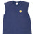 Front upper view of navy Nike sleeveless shirt with yellow basketball Swoosh graphic