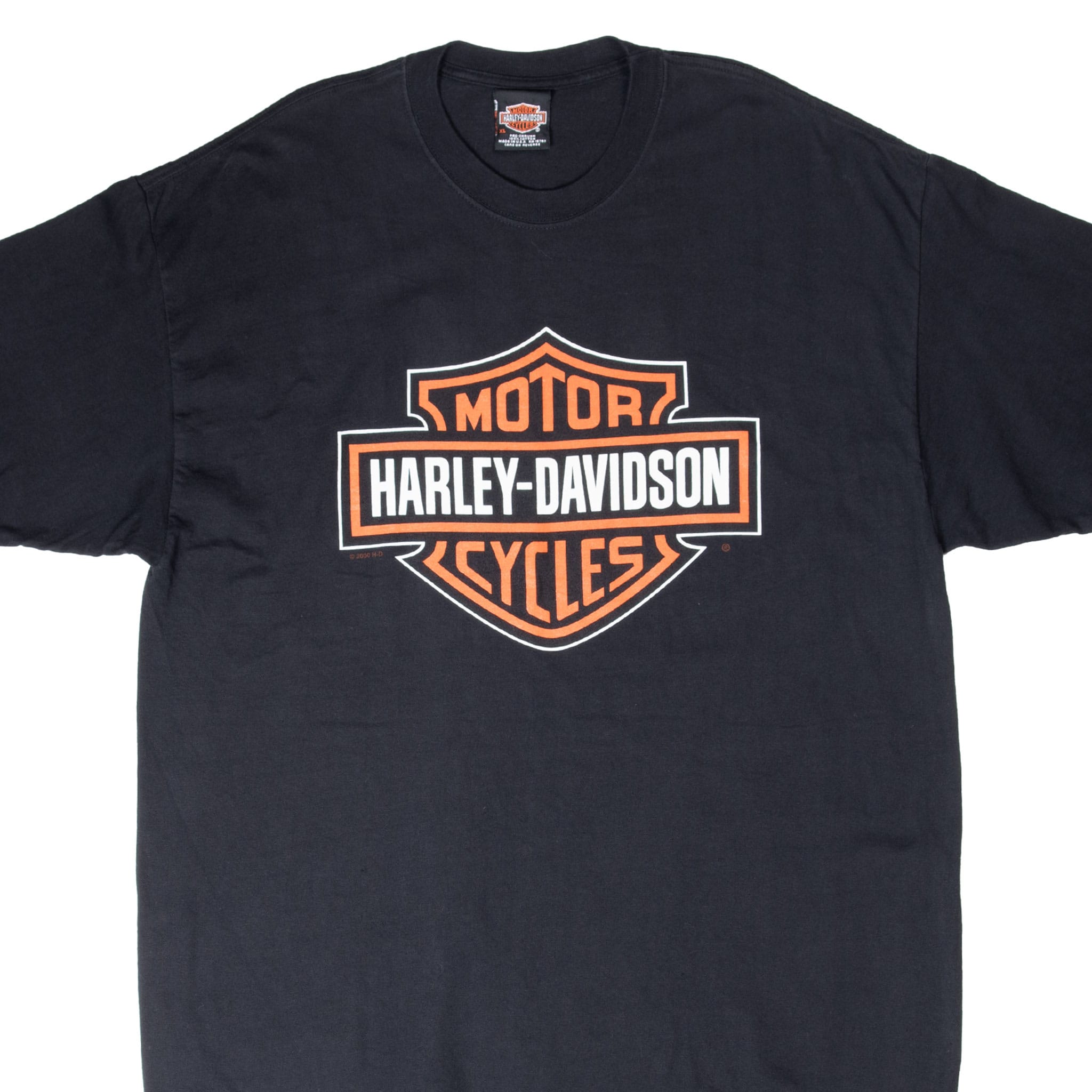 Front of black Harley-Davidson T-shirt with orange and white shield logo