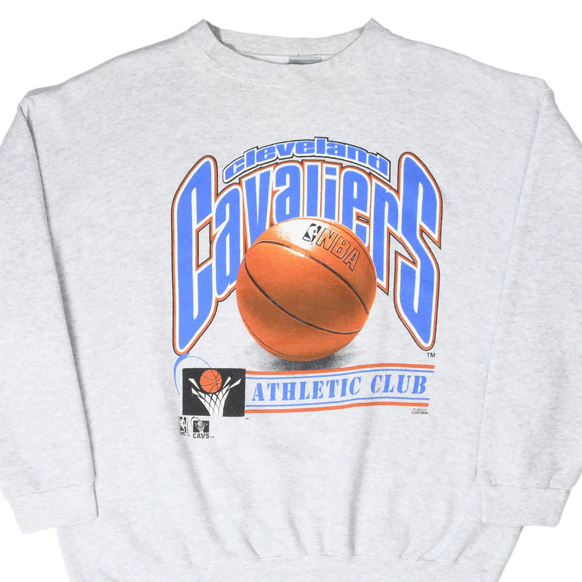 Front close-up of gray Cleveland Cavaliers sweatshirt with basketball and Athletic Club graphic