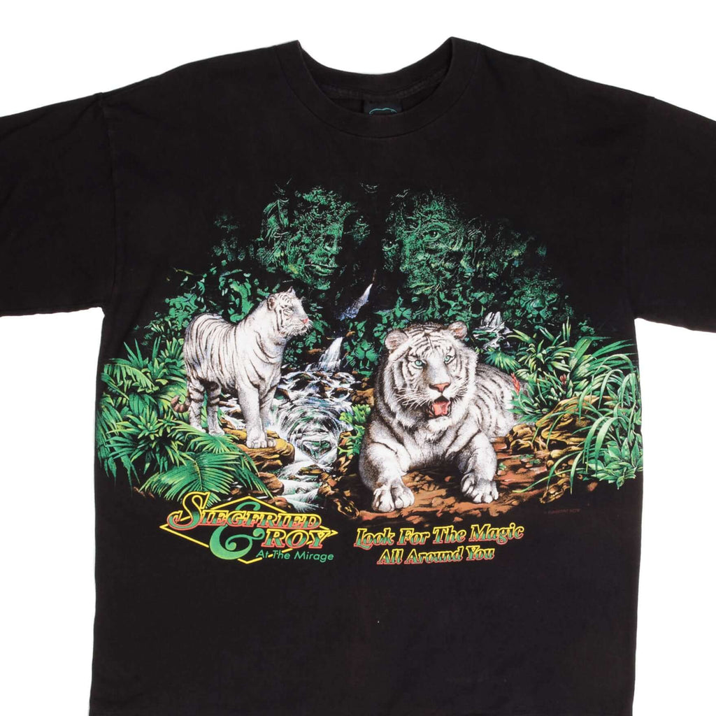 Vintage Siegfried & Roy At The Mirage Casino Las Vegas Look For The Magic All Around Animal Print Tee Shirt 1990S Size XL Made In USA With Single Stitch Sleeves