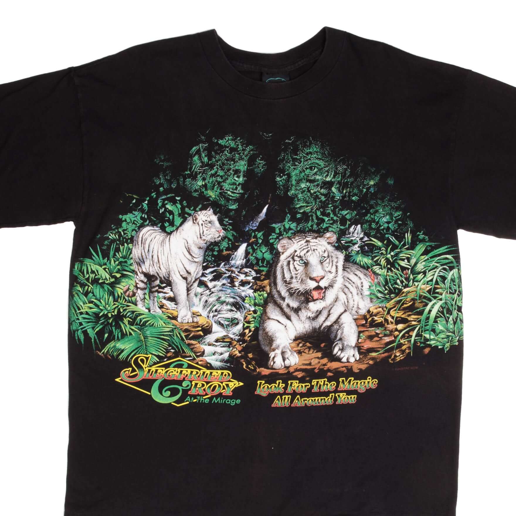 Vintage Siegfried & Roy At The Mirage Casino Las Vegas Look For The Magic All Around Animal Print Tee Shirt 1990S Size XL Made In USA With Single Stitch Sleeves