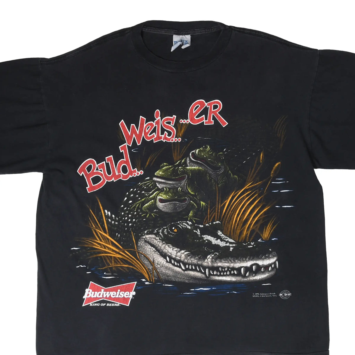 Front of black Budweiser T-shirt with frogs riding an alligator graphic