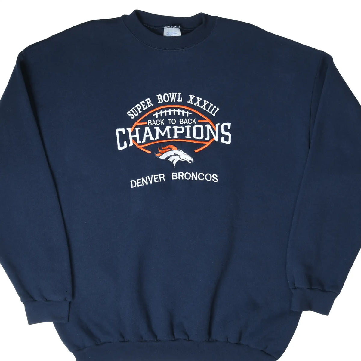 Front of navy Denver Broncos sweatshirt with Super Bowl XXXIII back-to-back champions graphic