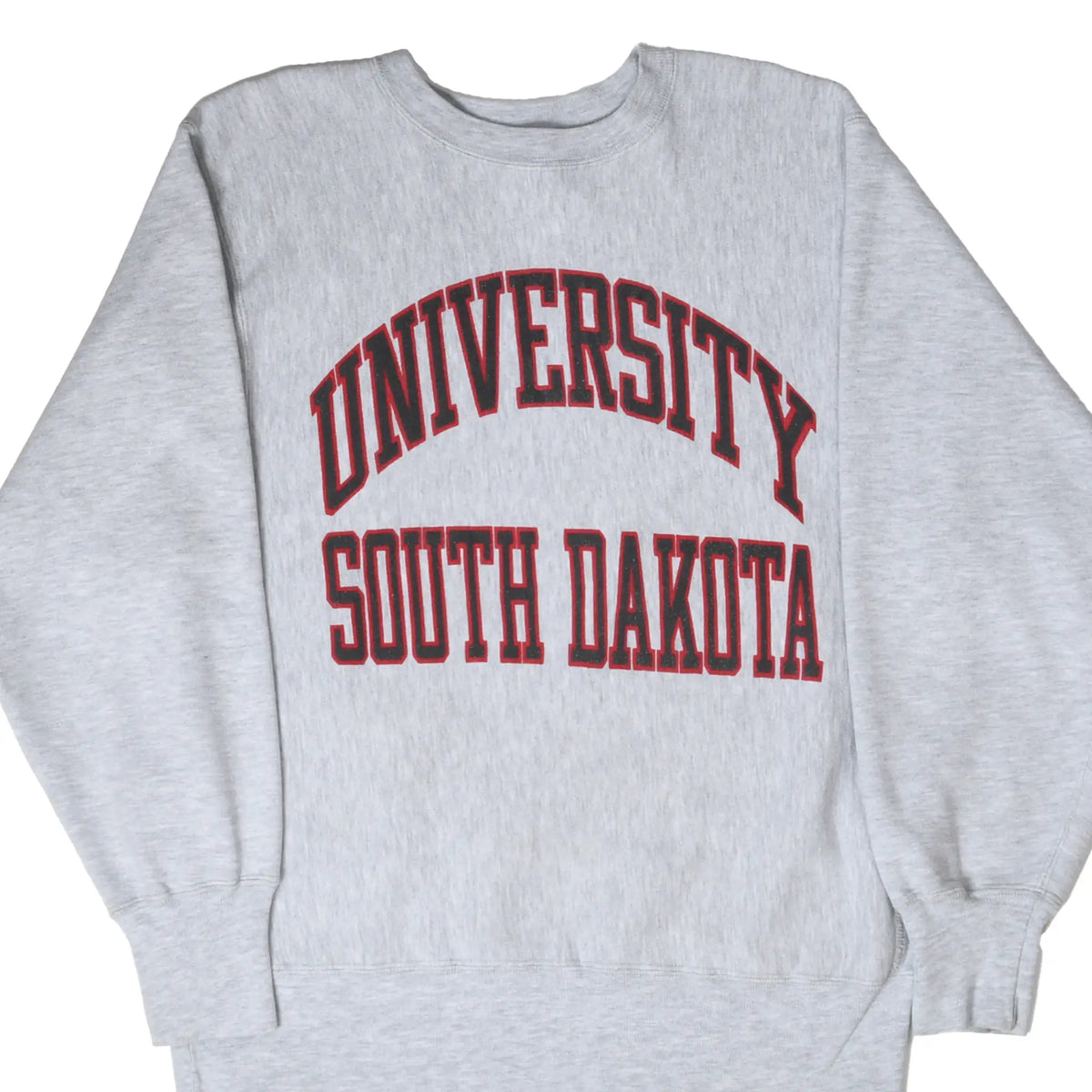 Front of gray Champion sweatshirt with red and black University South Dakota print