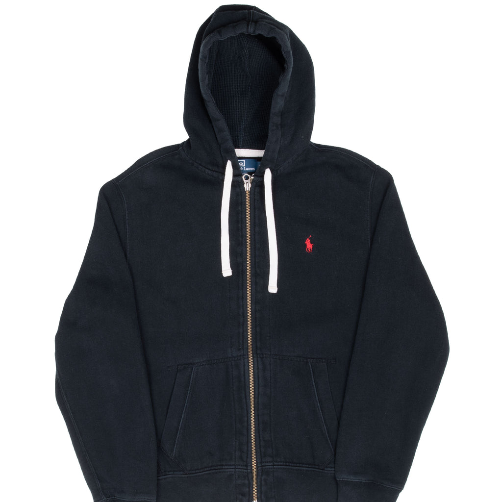 VINTAGE RALPH LAUREN FULL ZIP CLASSIC BLACK HOODIE SWEATSHIRT 1990S MEDIUM