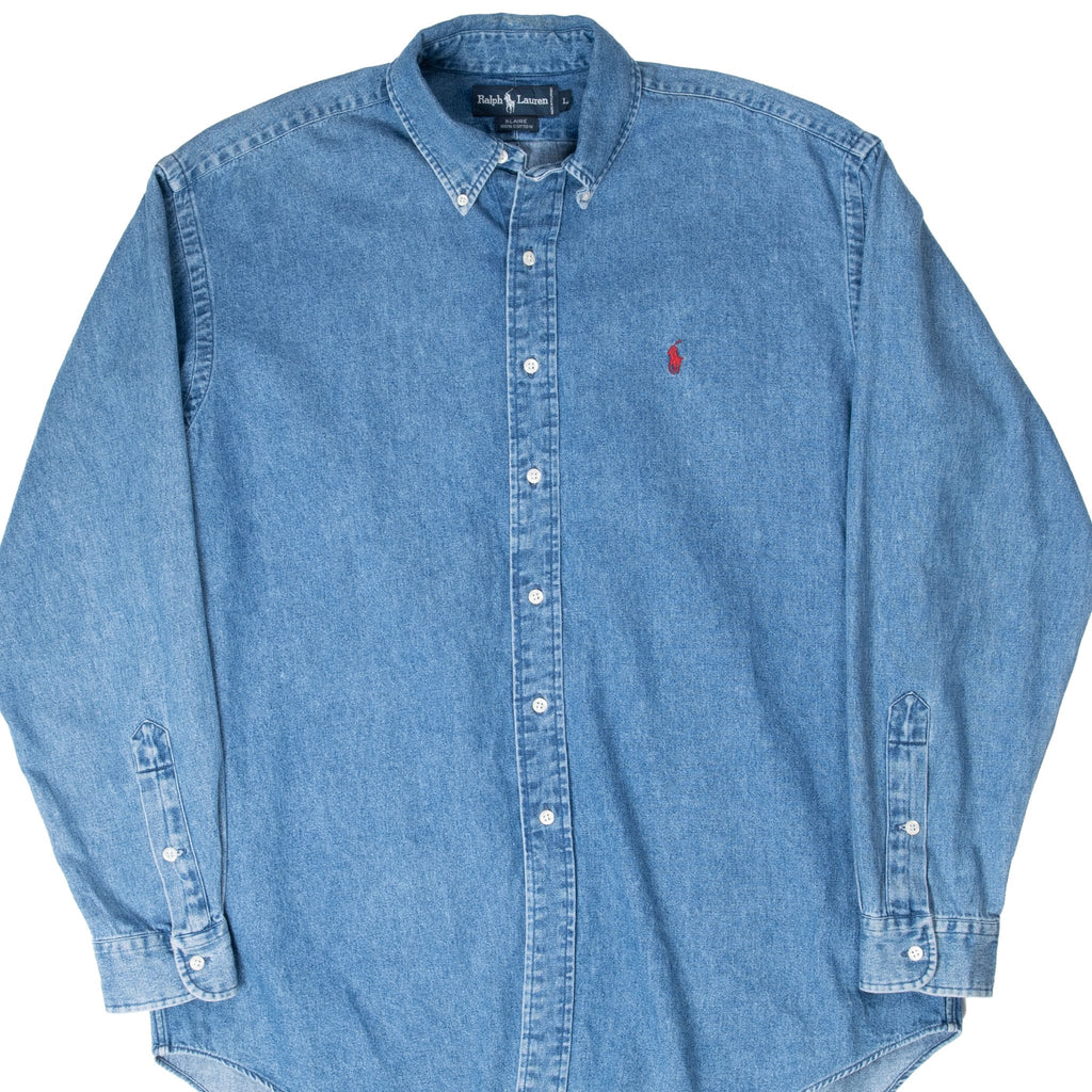 VINTAGE RALPH LAUREN BLUE DENIM SHIRT 1990S SIZE LARGE