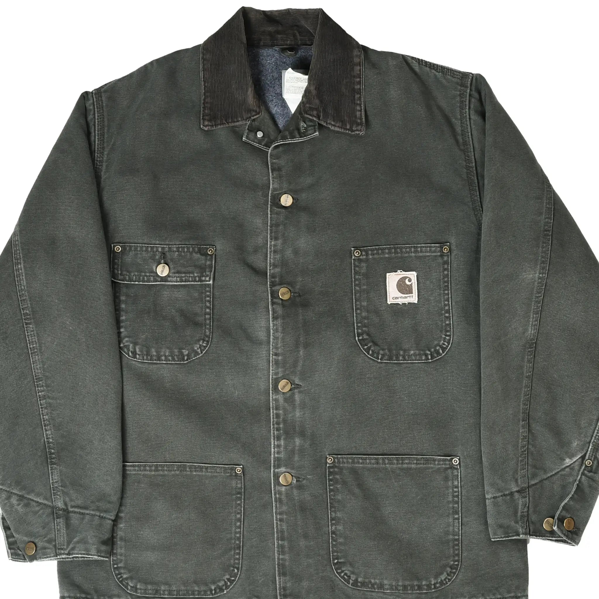 Front of dark moss green Carhartt Michigan chore jacket with four patch pockets and corduroy collar