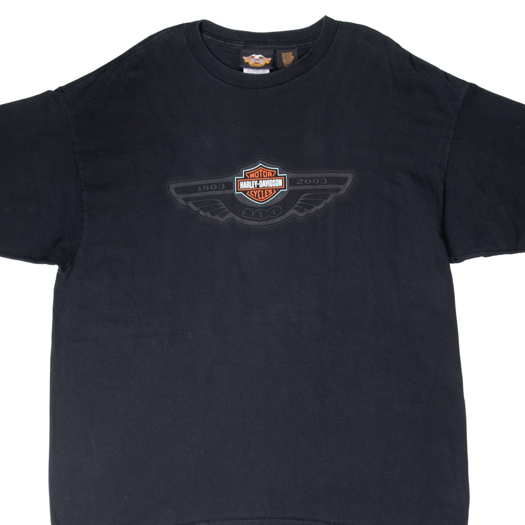 Front of black Harley-Davidson T-shirt with winged 100th anniversary chest graphic