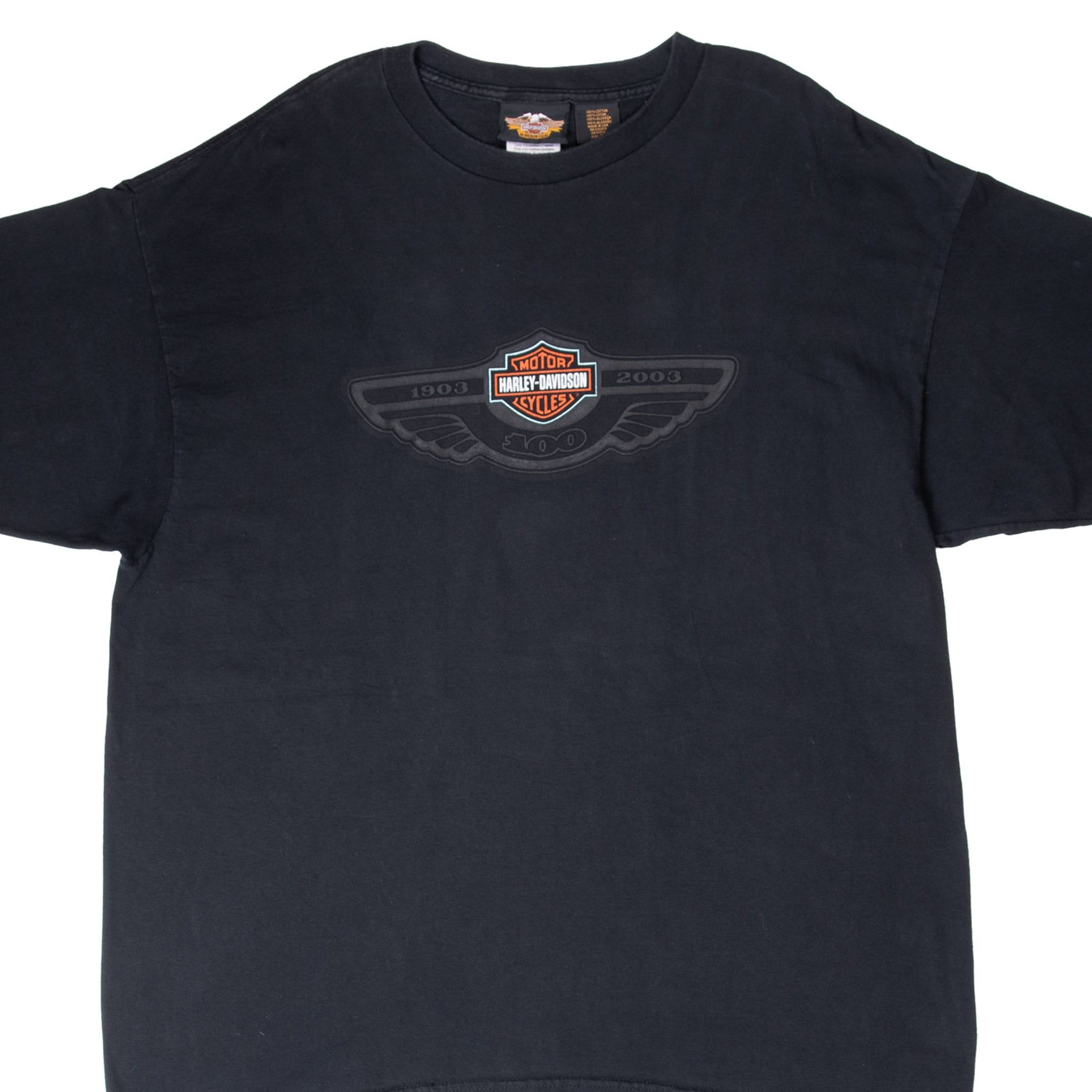 Front of black Harley-Davidson T-shirt with winged 100th anniversary chest graphic