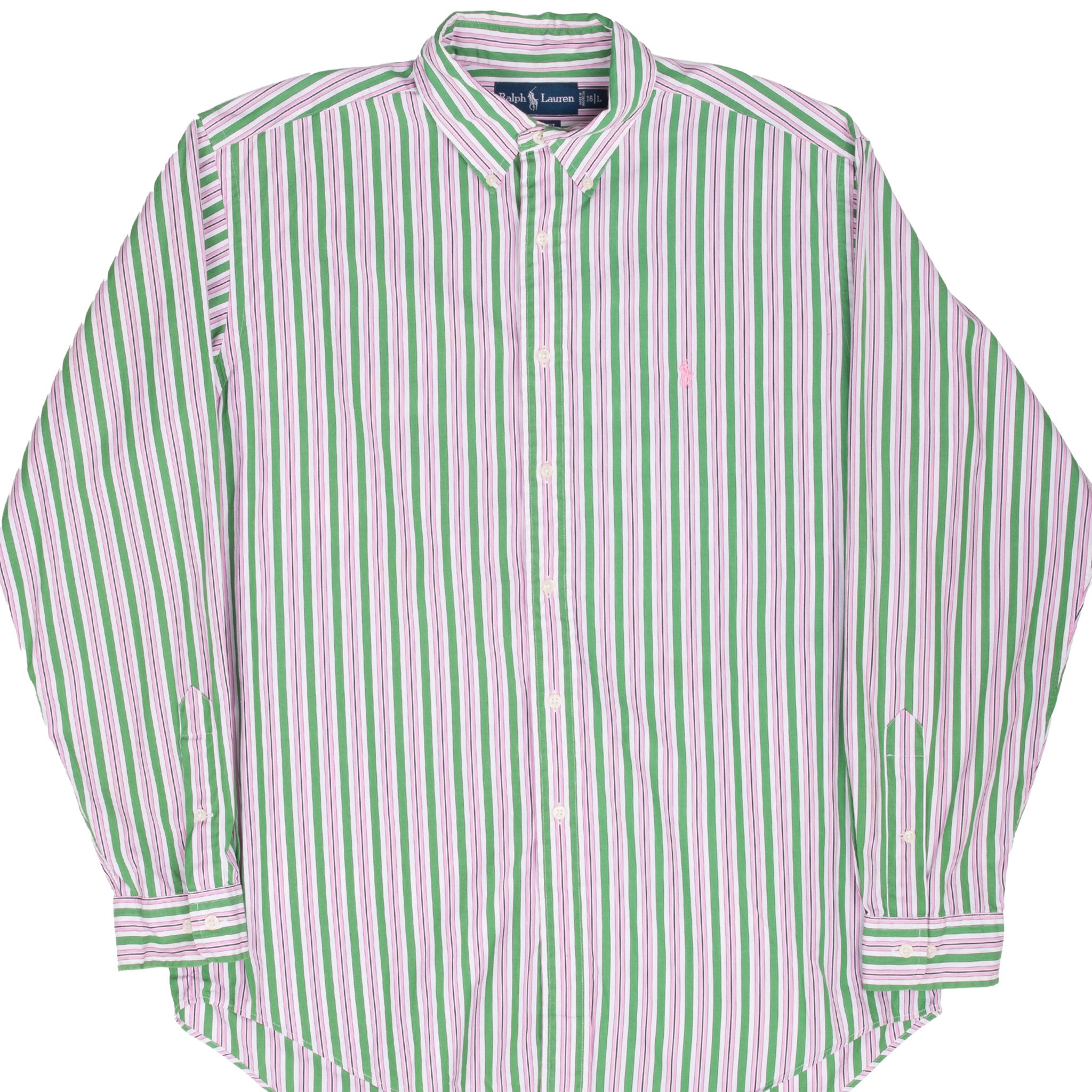 Vintage Ralph Lauren Classic Pink Green Striped Shirt 1990S Size Large