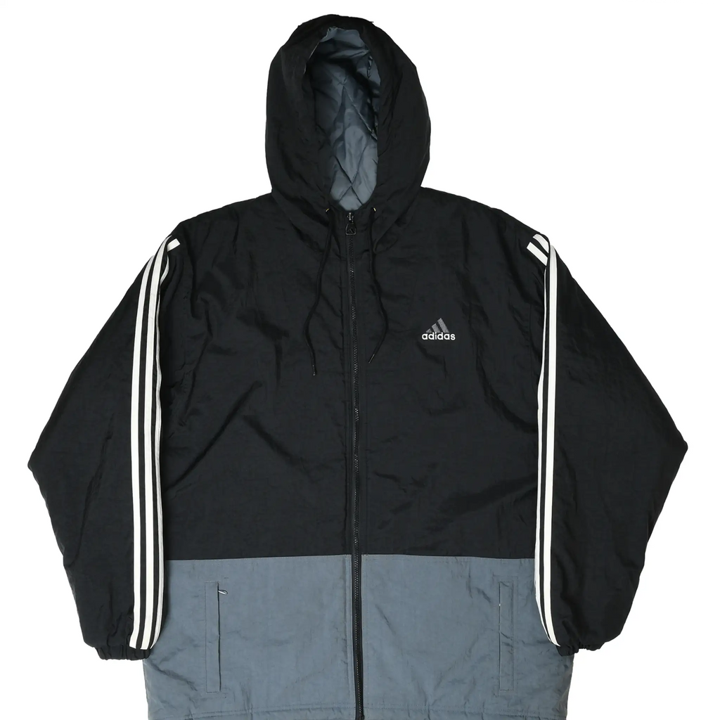 Front of black and gray Adidas hooded windbreaker with white sleeve stripes and chest logo