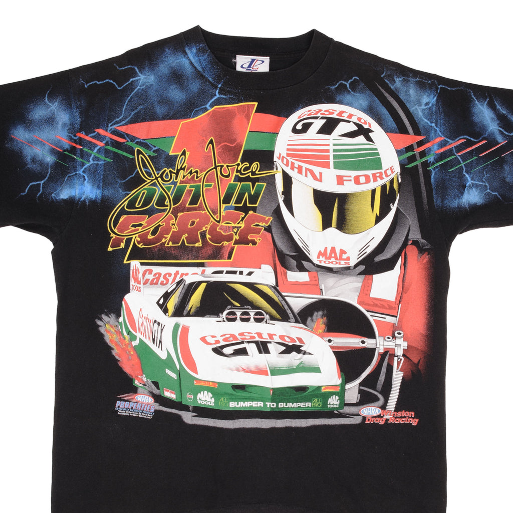 Vintage Allover Print Racing NHRA John Force 1990S Tee Shirt Large Made In USA With Single Stitch Sleeves