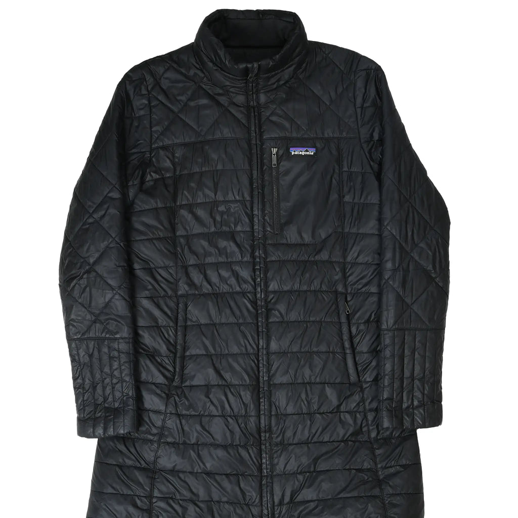 Front of black Patagonia Radalie quilted parka with full zip and three zip pockets
