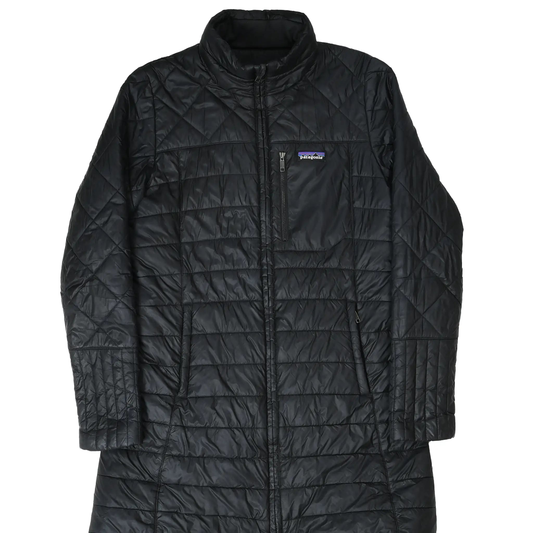 Front of black Patagonia Radalie quilted parka with full zip and three zip pockets