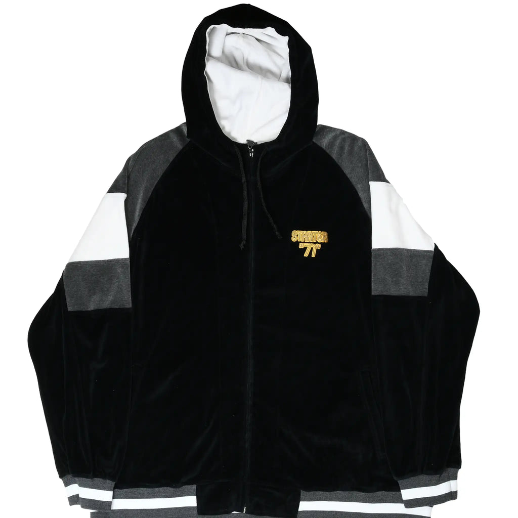 Front of black Starter velvet full-zip hoodie with gray and white sleeve panels and gold 71 embroidery