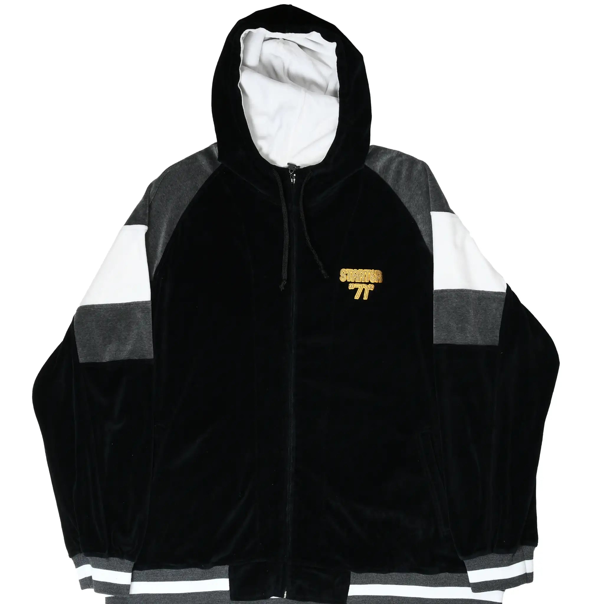 Front of black Starter velvet full-zip hoodie with gray and white sleeve panels and gold 71 embroidery
