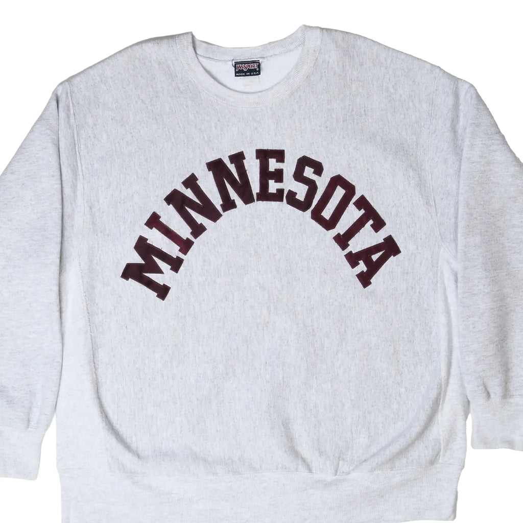 Front of gray crewneck sweatshirt with maroon Minnesota embroidery
