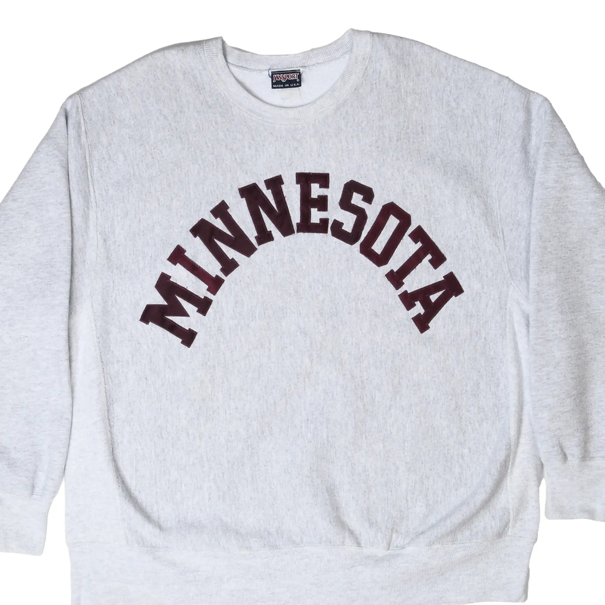 Front of gray crewneck sweatshirt with maroon Minnesota embroidery