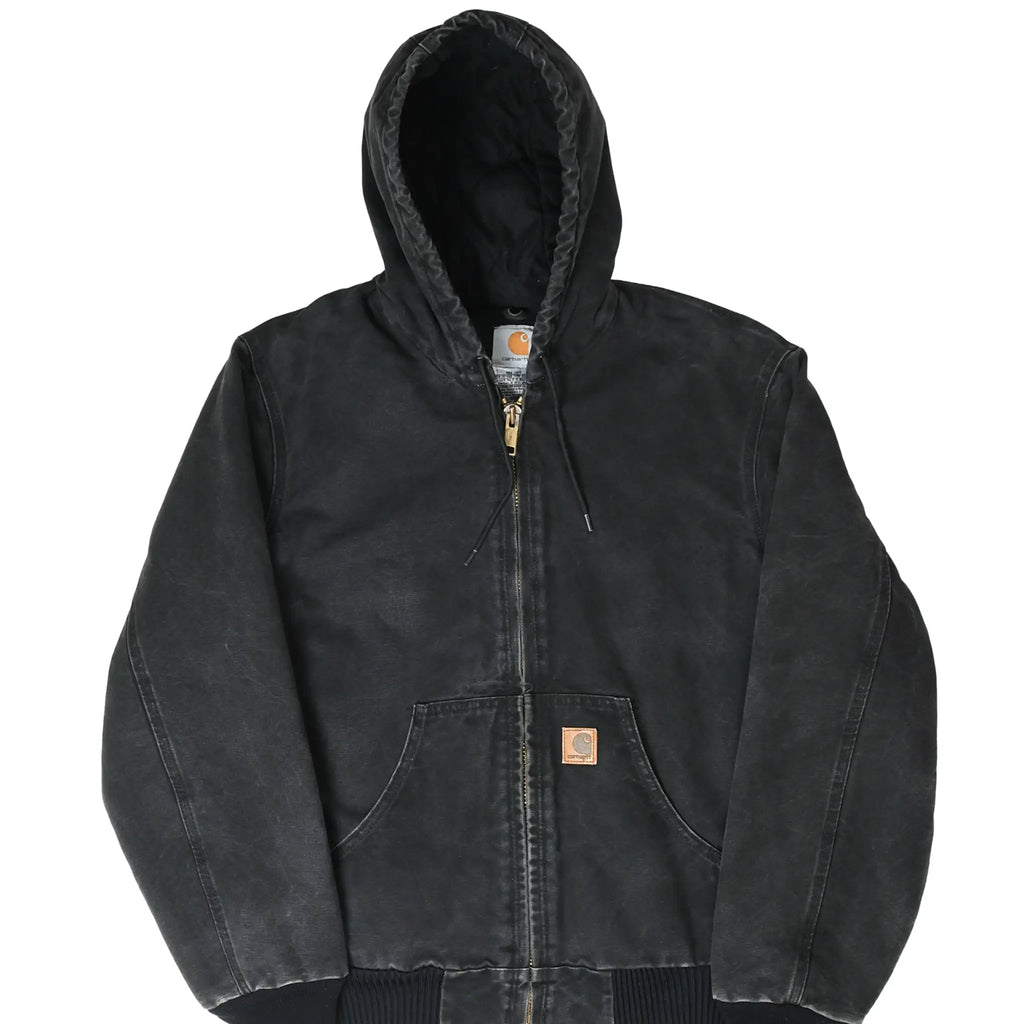 Front of black Carhartt J130 hooded active jacket with zip closure and split pouch pockets