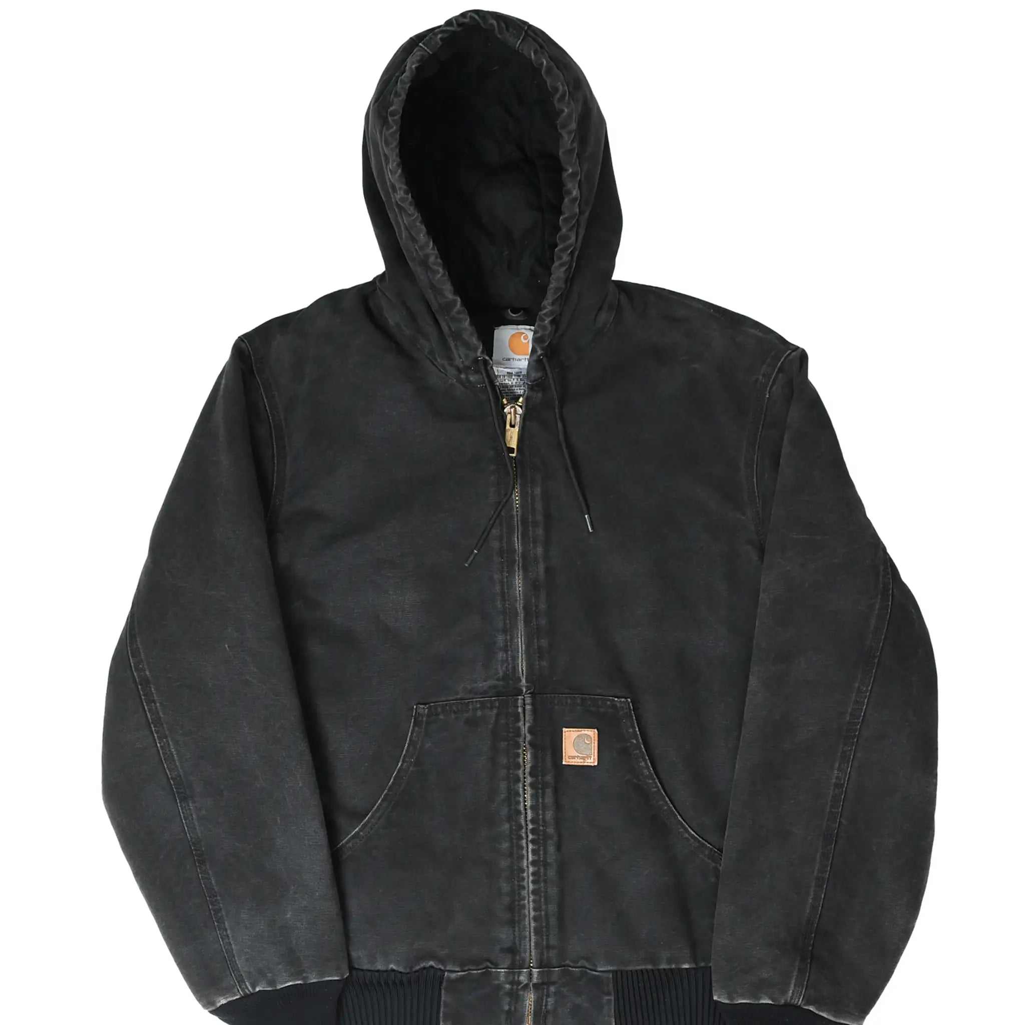 Front of black Carhartt J130 hooded active jacket with zip closure and split pouch pockets