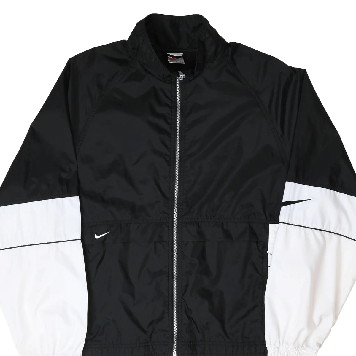 Front of black Nike zip-up windbreaker with white sleeves and embroidered Swoosh