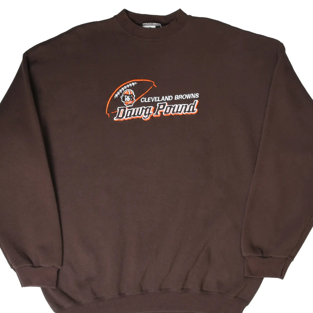 Front of brown Cleveland Browns sweatshirt with embroidered Dawg Pound logo
