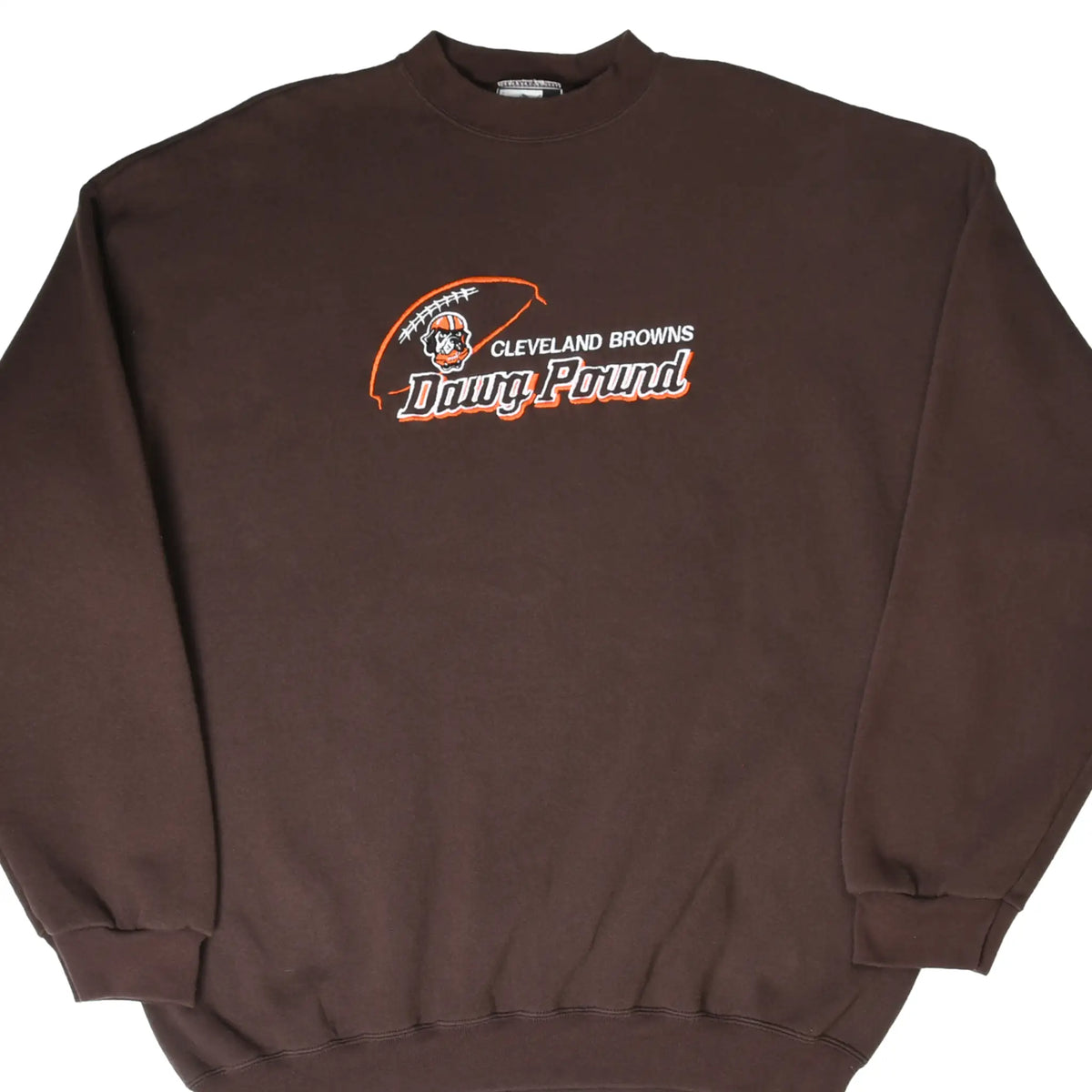 Front of brown Cleveland Browns sweatshirt with embroidered Dawg Pound logo