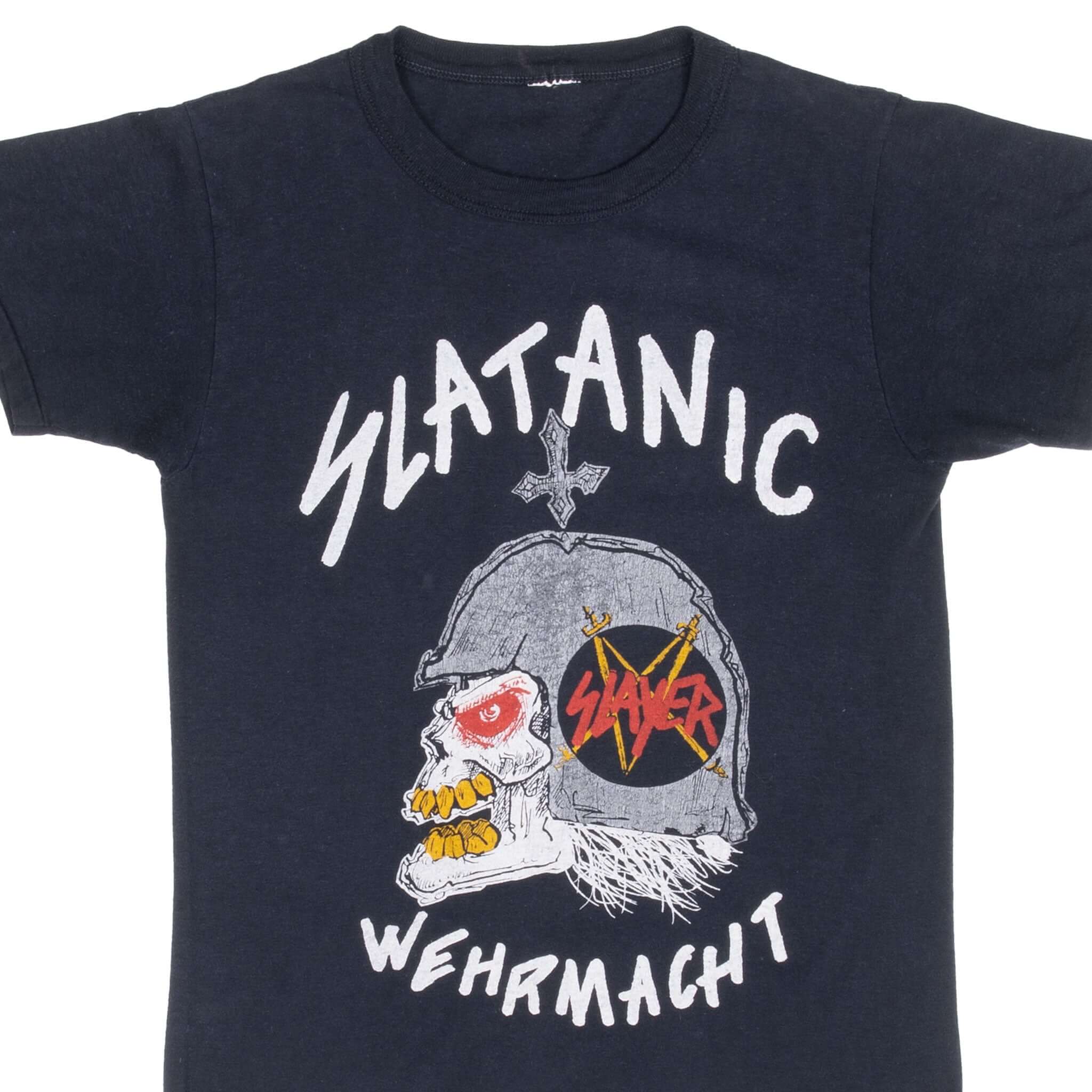 Vintage Slayer Slatanic Wehrmacht Tour 1985 Tee Shirt Size XS With Single Stitch Sleeves