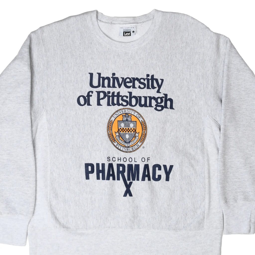 Front of gray Lee sweatshirt with University of Pittsburgh School of Pharmacy crest and print