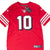 Front of red Nike San Francisco 49ers Jimmy Garoppolo #10 jersey with hangtag and striped sleeves
