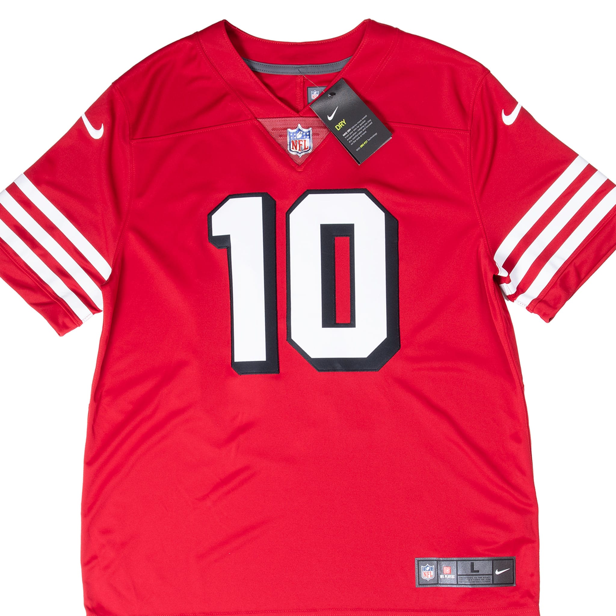 Front of red Nike San Francisco 49ers Jimmy Garoppolo #10 jersey with hangtag and striped sleeves