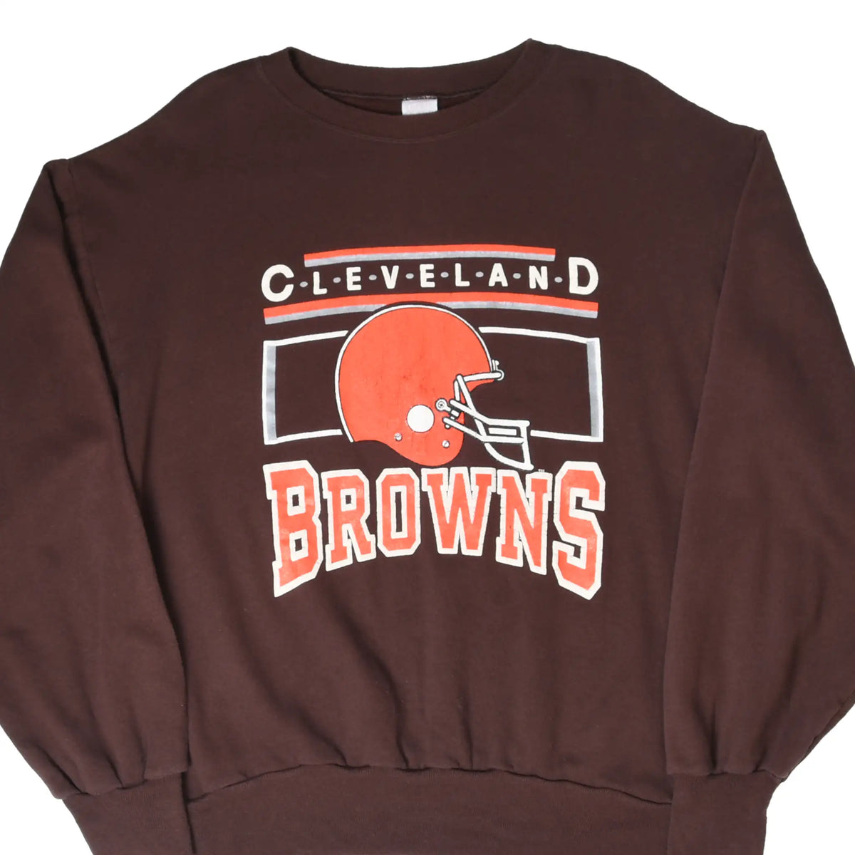 Front of brown Cleveland Browns sweatshirt with orange helmet graphic