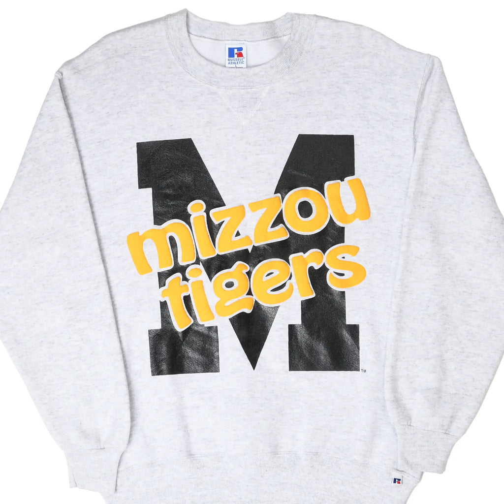 Front of gray Missouri Mizzou Tigers sweatshirt with yellow lettering over a black M graphic