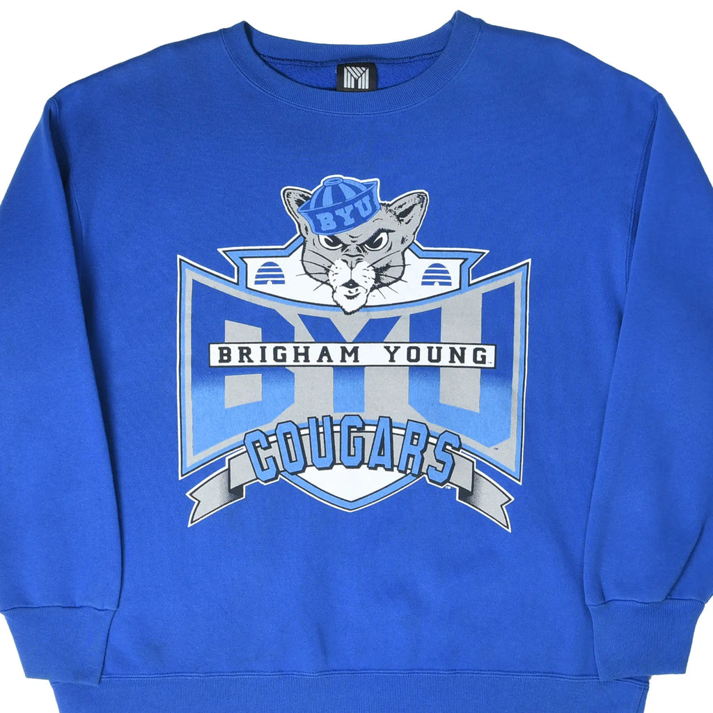 Front of blue BYU Brigham Young Cougars sweatshirt with cougar mascot graphic