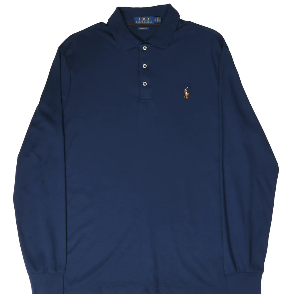 Front of navy blue Polo Ralph Lauren long-sleeve polo shirt with embroidered pony logo