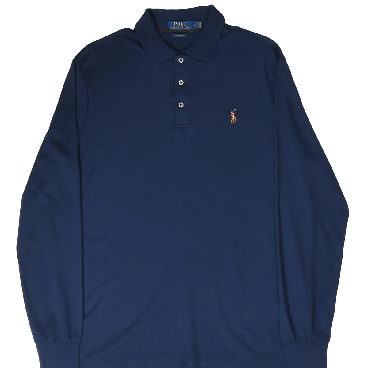 Front of navy blue Polo Ralph Lauren long-sleeve polo shirt with embroidered pony logo