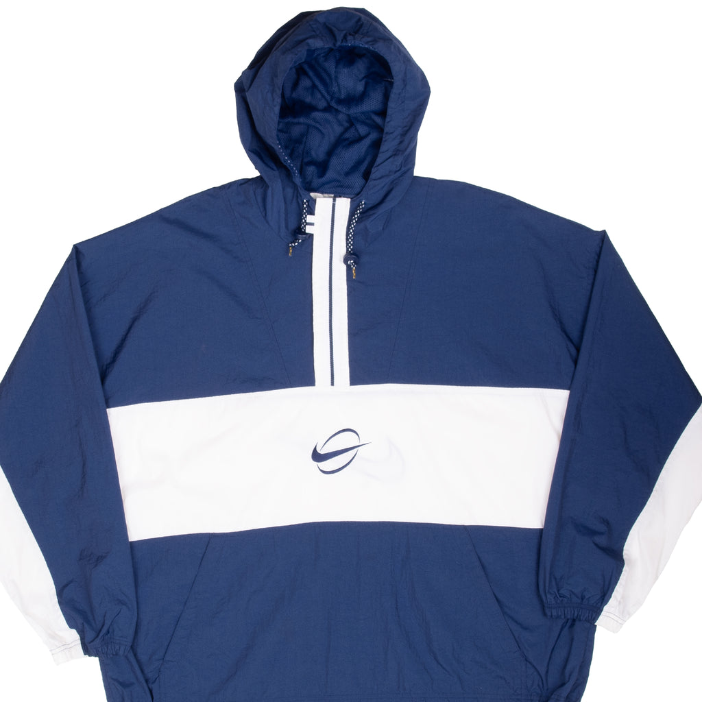 Front of blue and white Nike pullover hooded windbreaker with chest logo and half zip