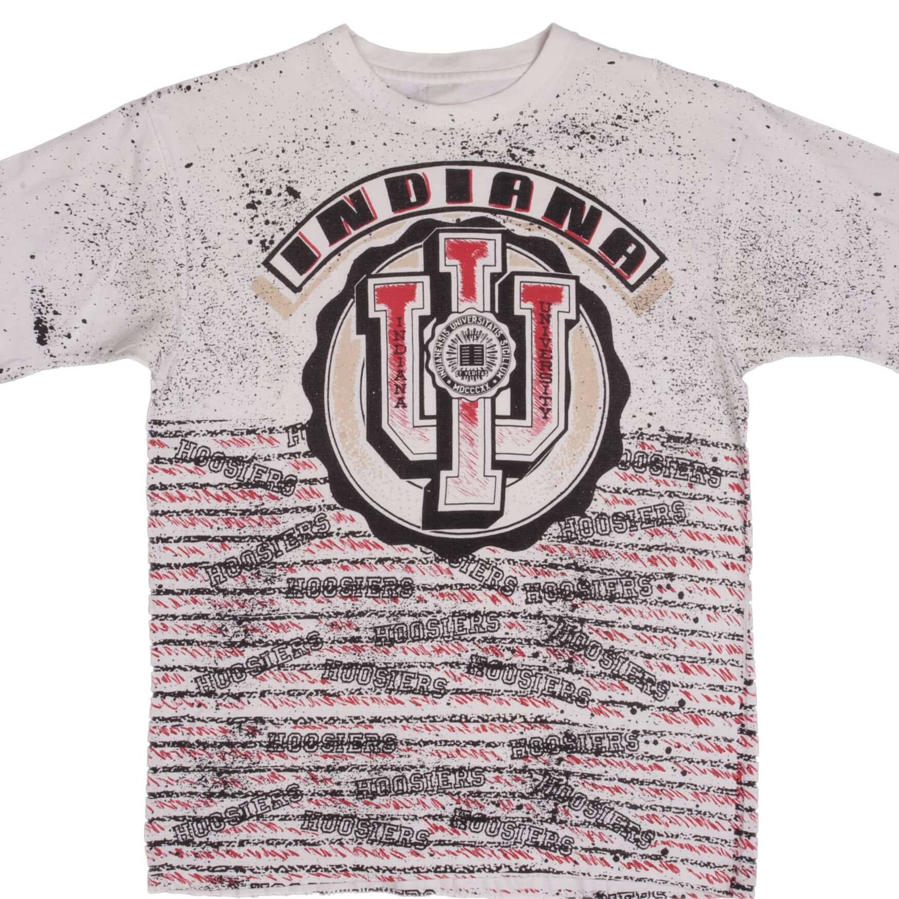 Vintage All Over Print Indiana University Football Tee Shirt 1990S Size Large With Single Stitch Sleeves.