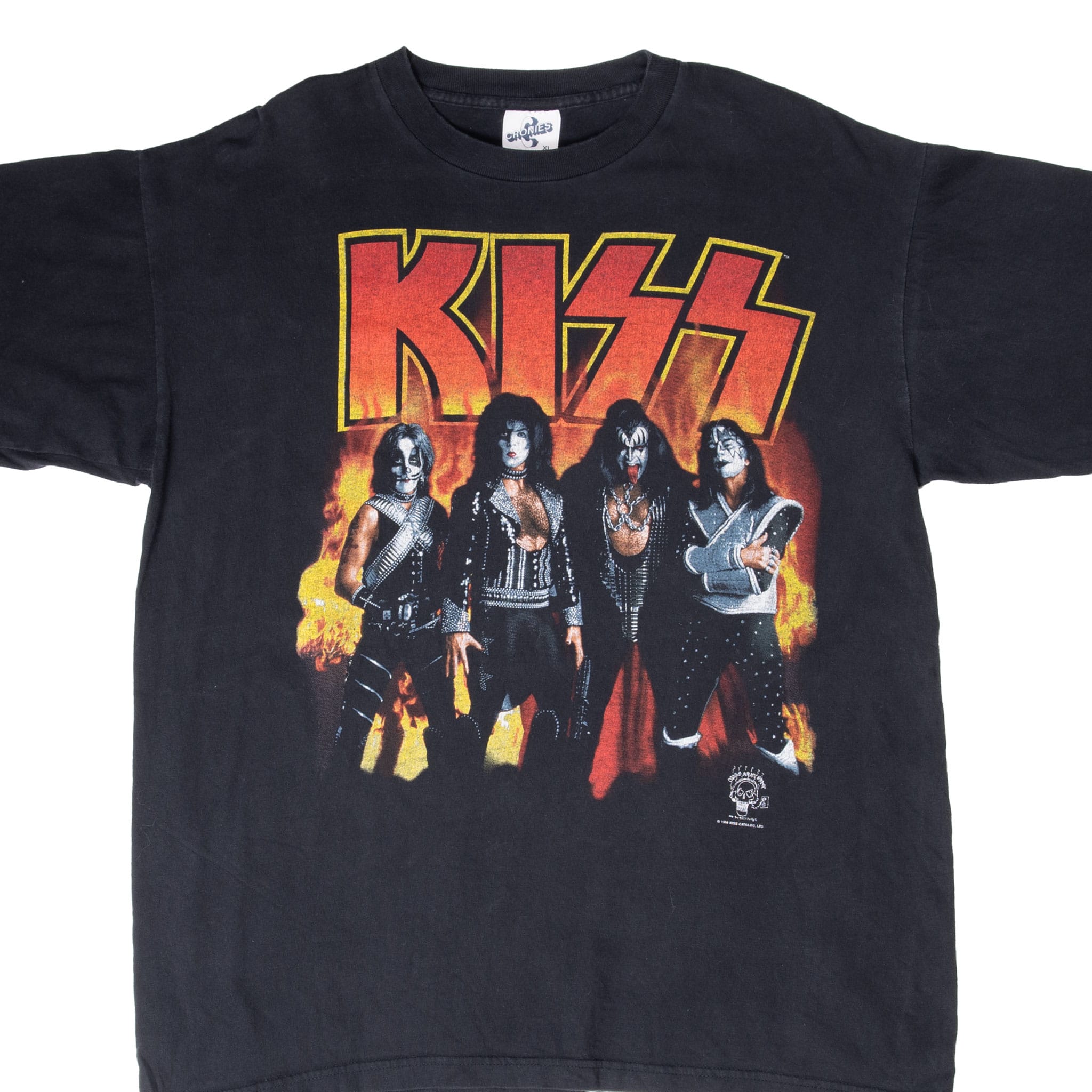 Front of black KISS T-shirt with band portrait and red, orange and yellow logo graphic