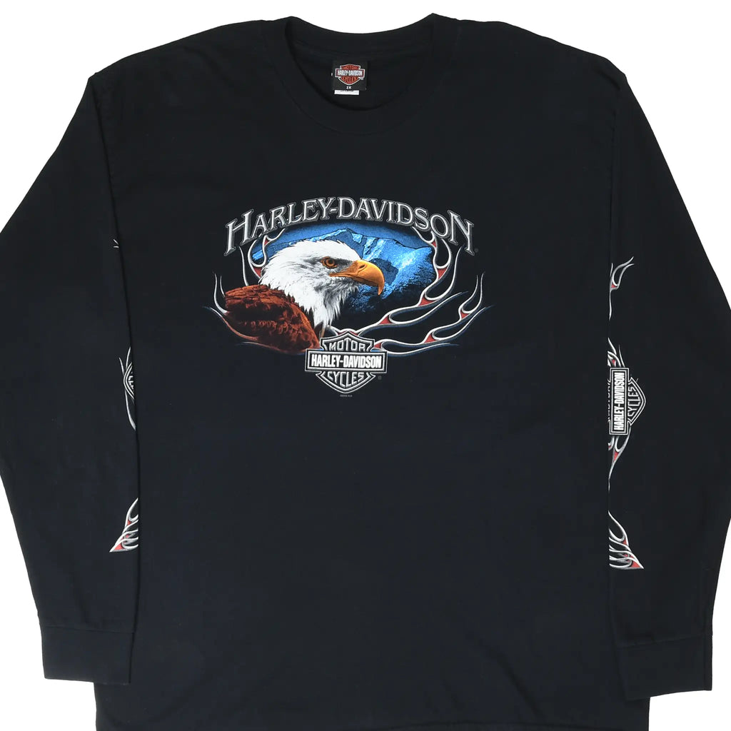 Front of black Harley-Davidson long-sleeve T-shirt with bald eagle, logo, and flame graphics