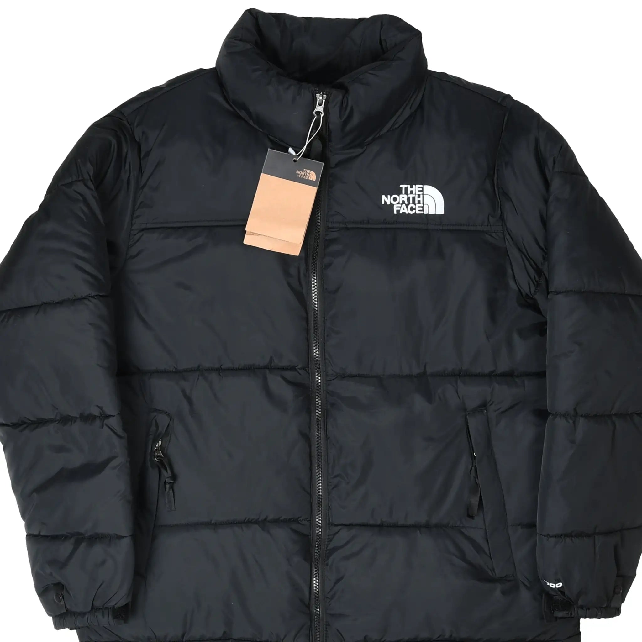 Front of black The North Face 1996 Retro Nuptse 700 down jacket with hangtag